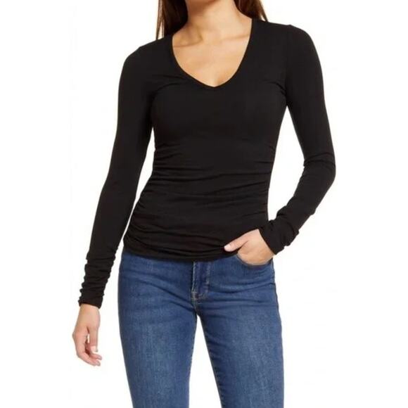 GOOD AMERICAN Women's Shirred Deep V-neck Top Large 3 Black Long Sleeve NWT - Picture 1 of 9